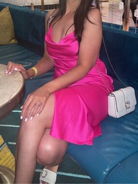 Hot Pink Satin Slip Dress with crystal detailing on the straps